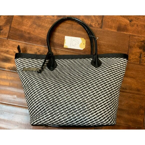 Anne Fontaine Black & White Woven Shoulder Bag Purse W/ Patent Leather Trim
